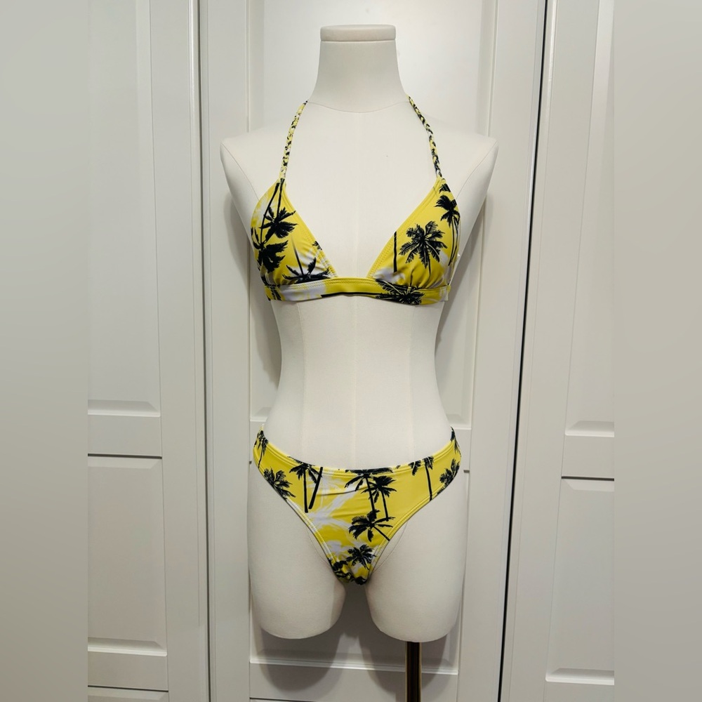 Yellow Palm-Print Triangle Bikini Set in Sizes S,M,L